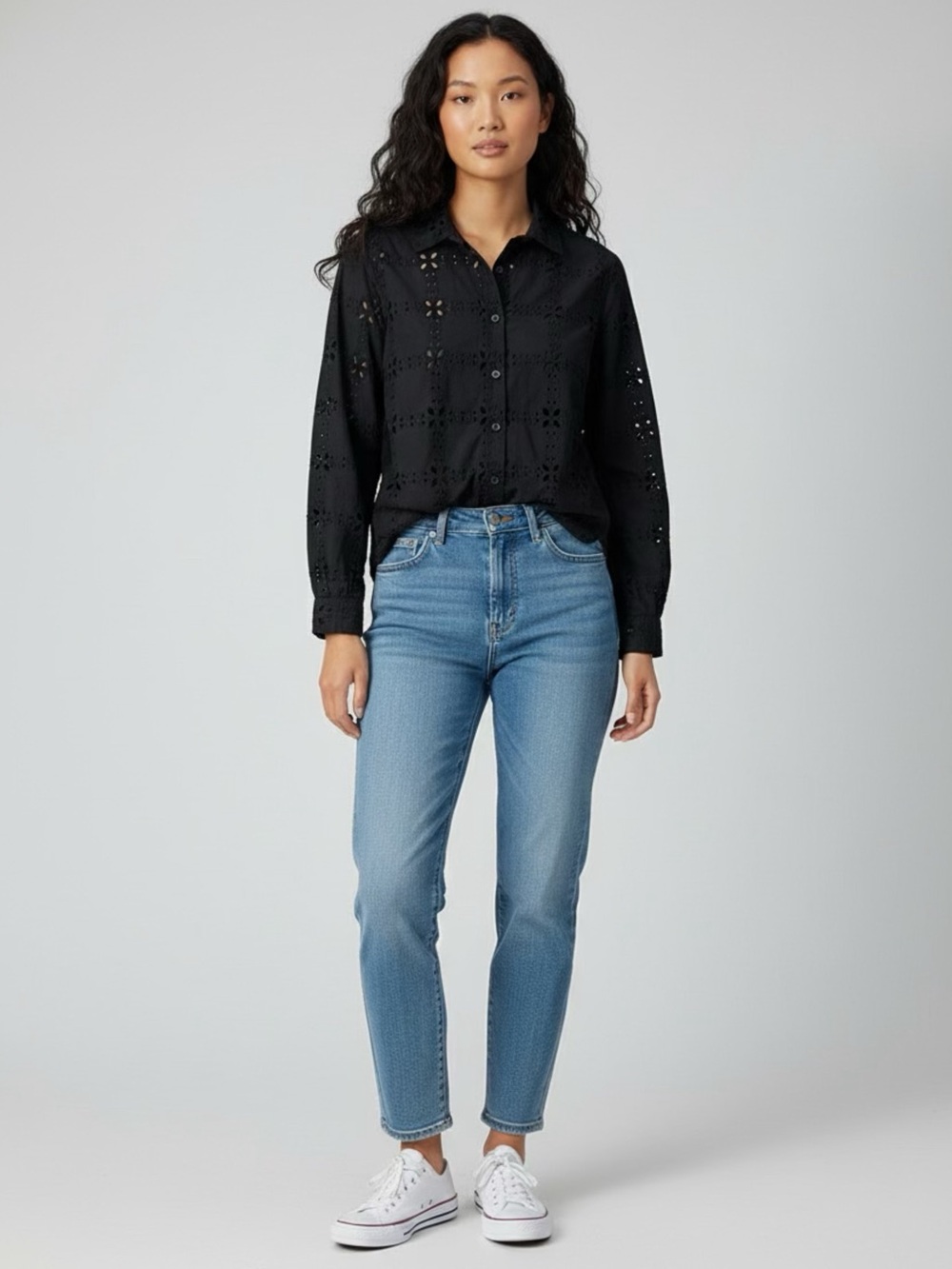 LOFT Black Eyelet Floral Collared Button-Up Blouse Long Sleeve